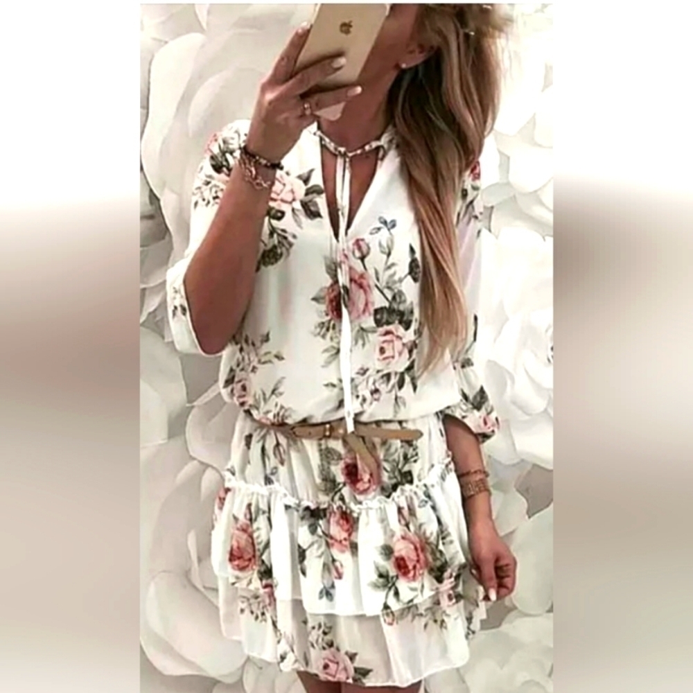 Floral Dress Tiered Ruffle Skirt Long Sleeves V-neck White Pink Knee Length Med